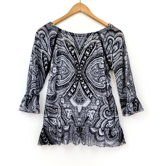 Y2K Womens M Sheer Paisley Mesh Ruffle Blouse Whimsical Fairy Grunge Festival - Picture 2 of 12